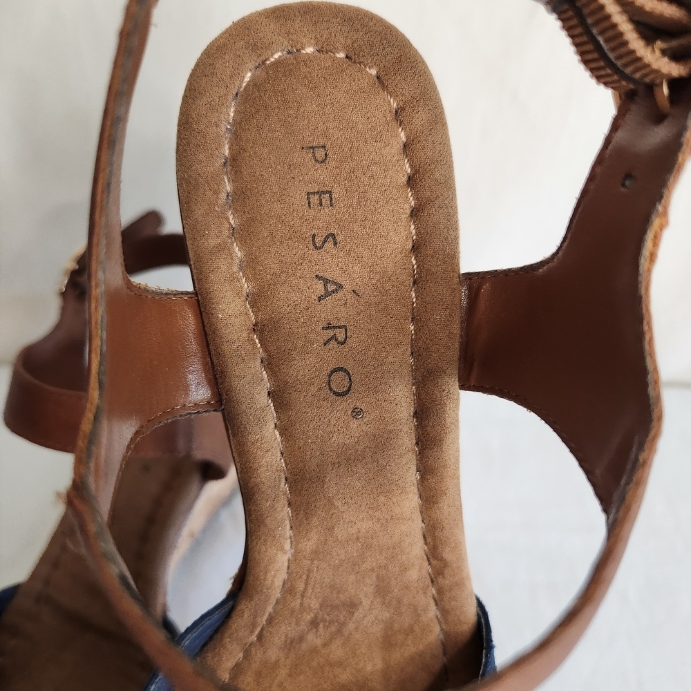 SOLD!!!  Pesaro Wedge Espadrille Sandals Navy Brown Leather Size 10 Cottage - Picture 3 of 6